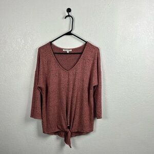 Green Envelope Maroon Long Sleeve Tie-Front Top Lightweight Casual V Neck